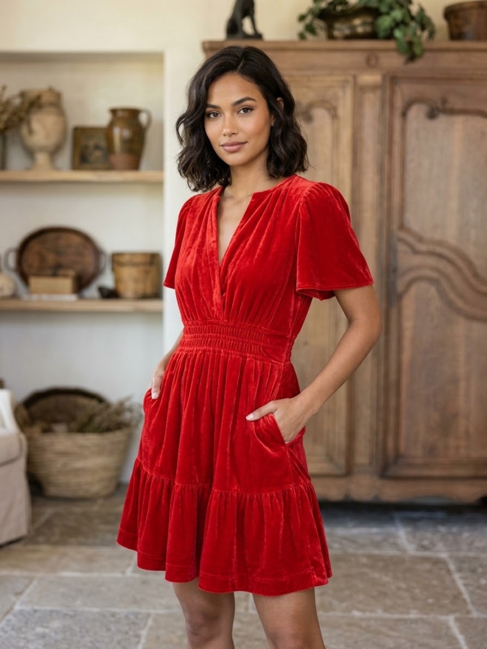 THML Velvet Flutter Sleeve Dress